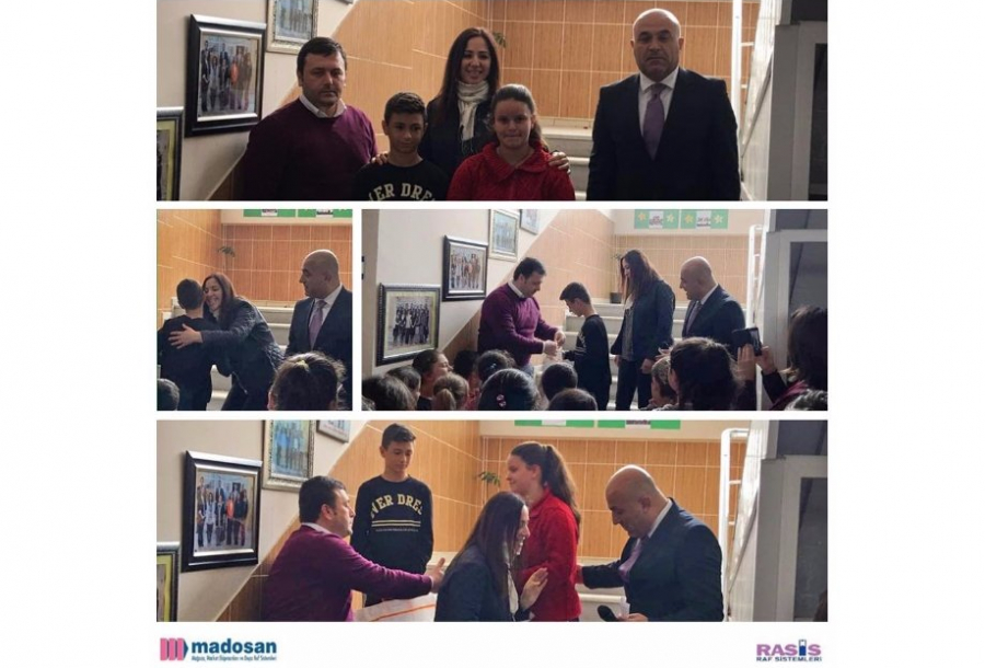 Madosan representatives awarding top students at Bursa Nilufer Golyazi Schools.